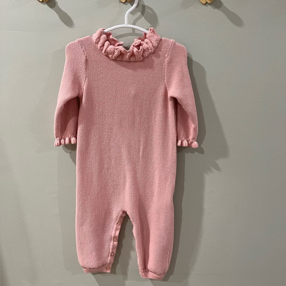 Janie and Jack sweater onesie with gold threaded lined hat